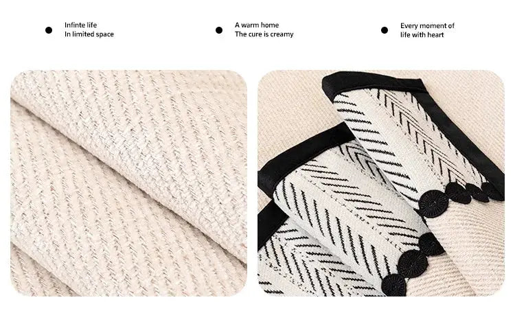 Beige chenille twill sofa cover with contrast black hem and tassel trim