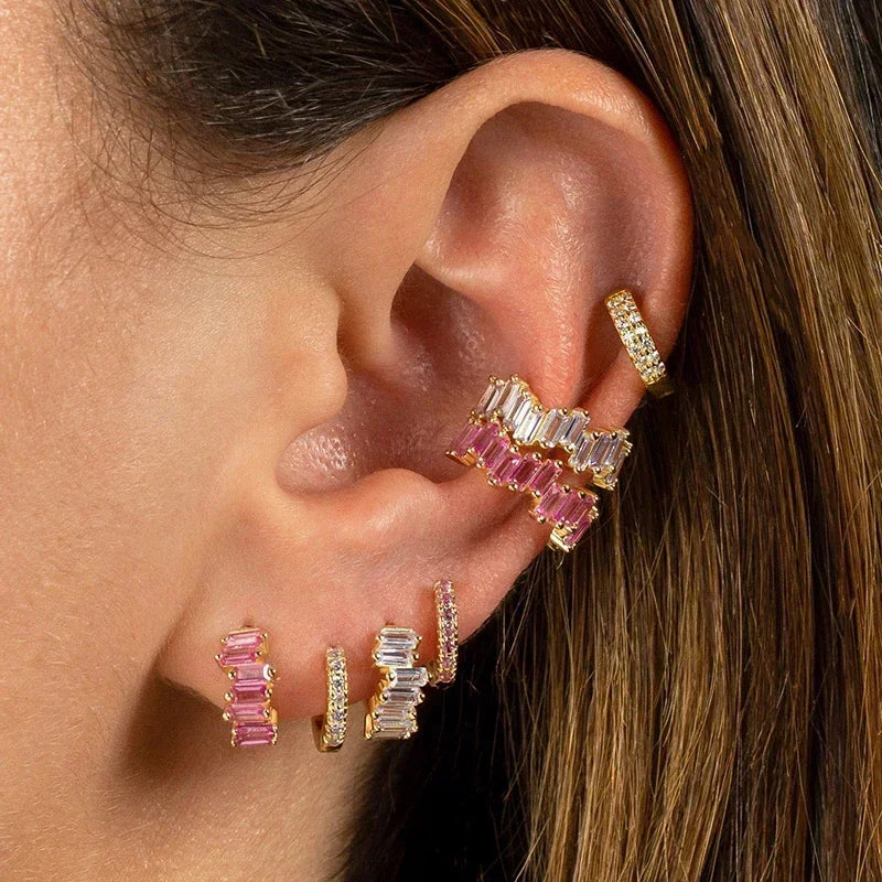 Sterling silver ear jewelry set by Simples Market with pink zircon baguette hoops and cuffs