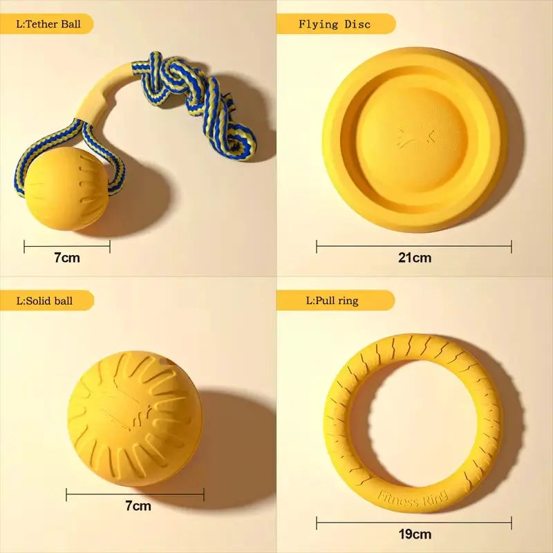 Simples Market EVA dog toys 4-pack: yellow flying disc, tether ball with rope, solid ball, and pull ring