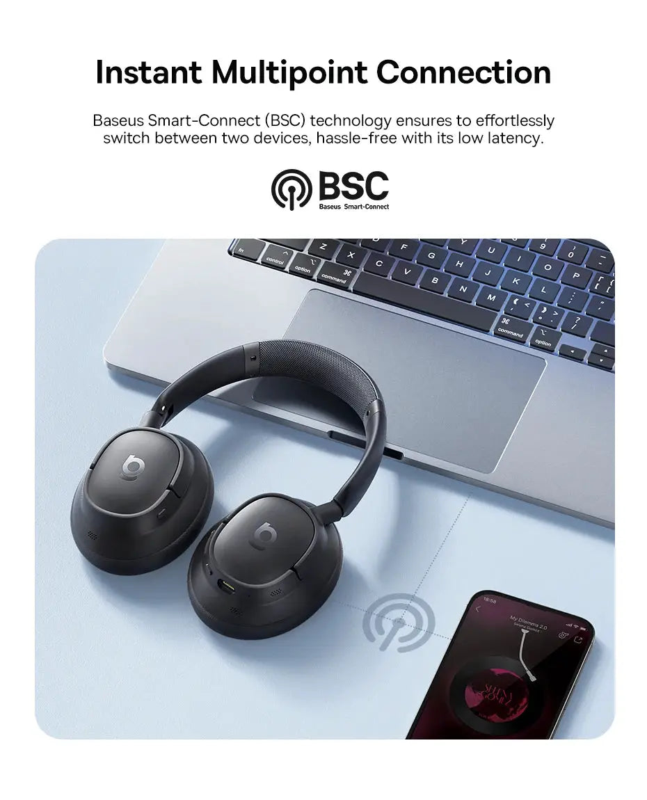 Pair of Baseus Bass EH10 NC wireless over-ear headphones in black with Bluetooth 6.0 and 45dB noise canceling
