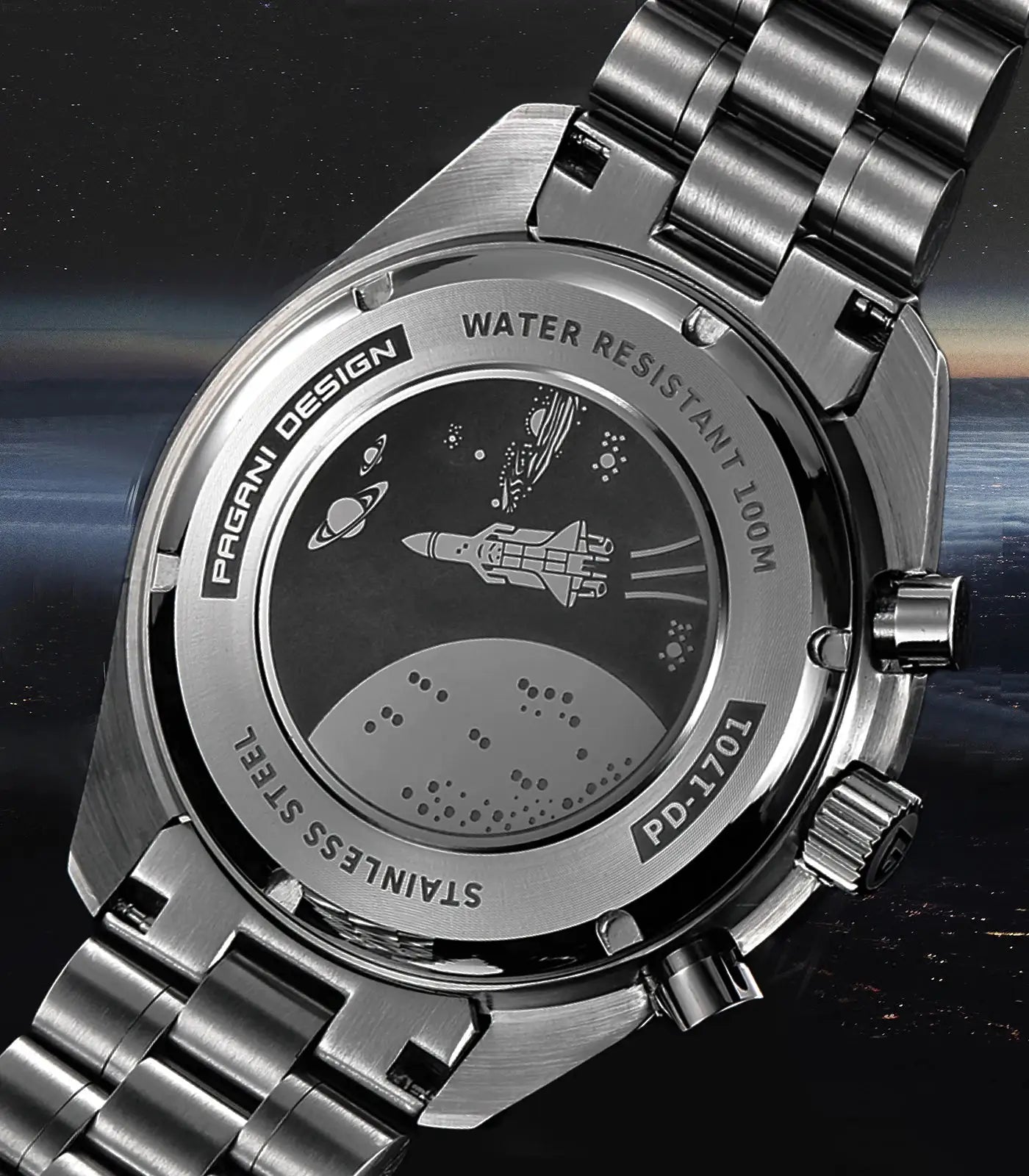 Pagani Design stainless steel men's watch back view with space rocket engraving and 100m water resistance.