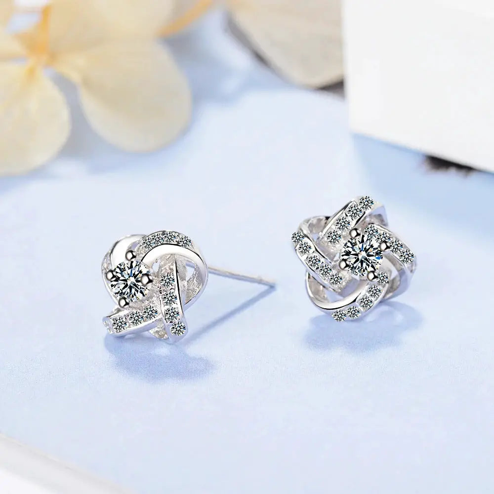 925 Sterling Silver Earrings for Women with zirconia stones, eternal heart twist design, pair