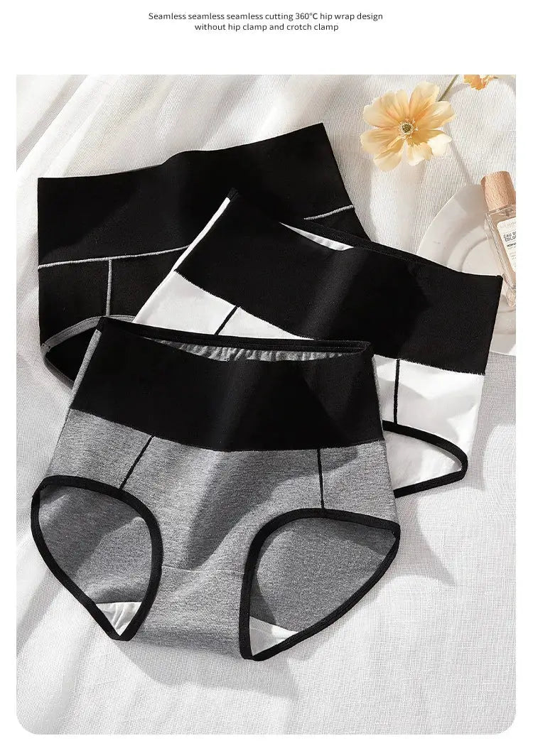 3-pack cotton high-waist body-shaper women's underwear, black, white and gray color-blocks