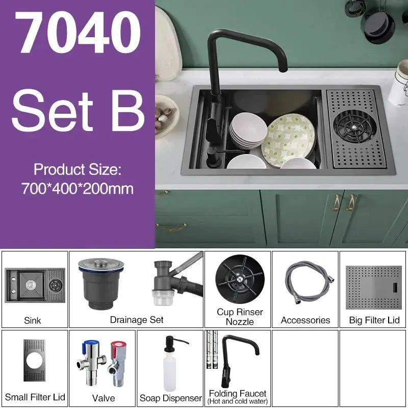Simples Market ASRAS nano black small single-bowl kitchen sink with lifting faucet, hidden counter cover and cup washer