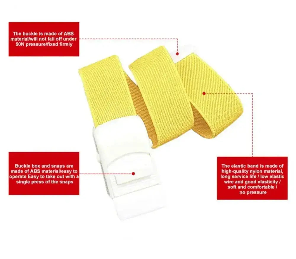 Emergency lock tourniquet rescue kit by Simples Market with yellow nylon straps and white buckle.