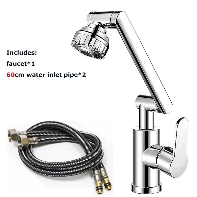 Simples Market chrome dual-mode rotating faucet with robotic arm; includes two 60cm water inlet hoses