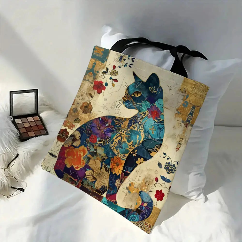 BloomCat Floral Cat Pattern Tote Bag Lightweight Linen Tote for School and Shopping