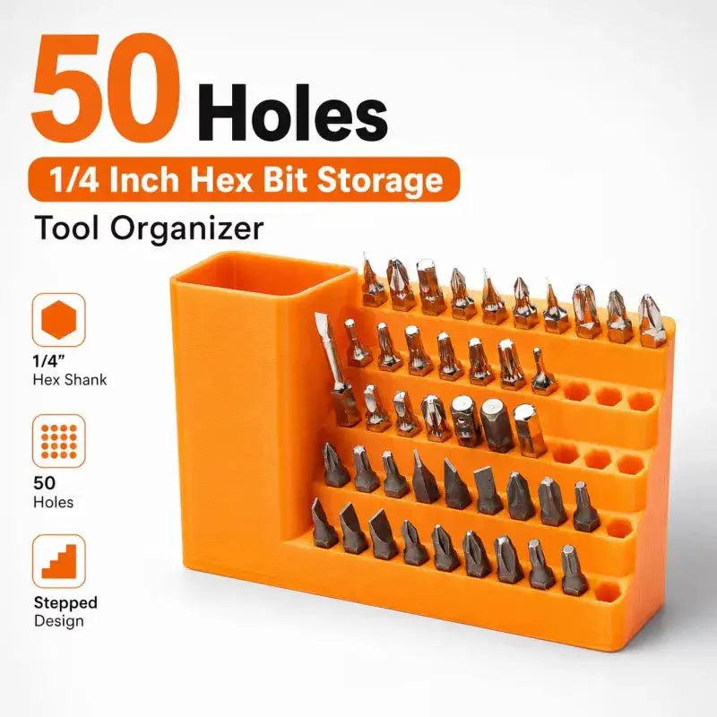 Rafford 50-Hole 1/4 in Hex Bit Holder rack orange stepped storage stand by Simples Market