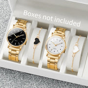 Gold-tone women's watch and bracelet set; two quartz watches and two heart bracelets by Simples Market.