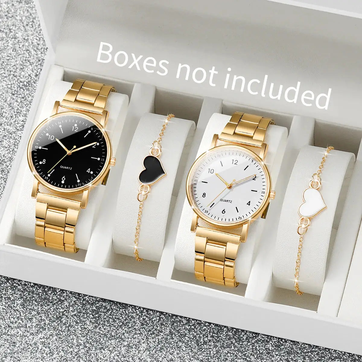 Gold-tone women's watch and bracelet set; two quartz watches and two heart bracelets by Simples Market.