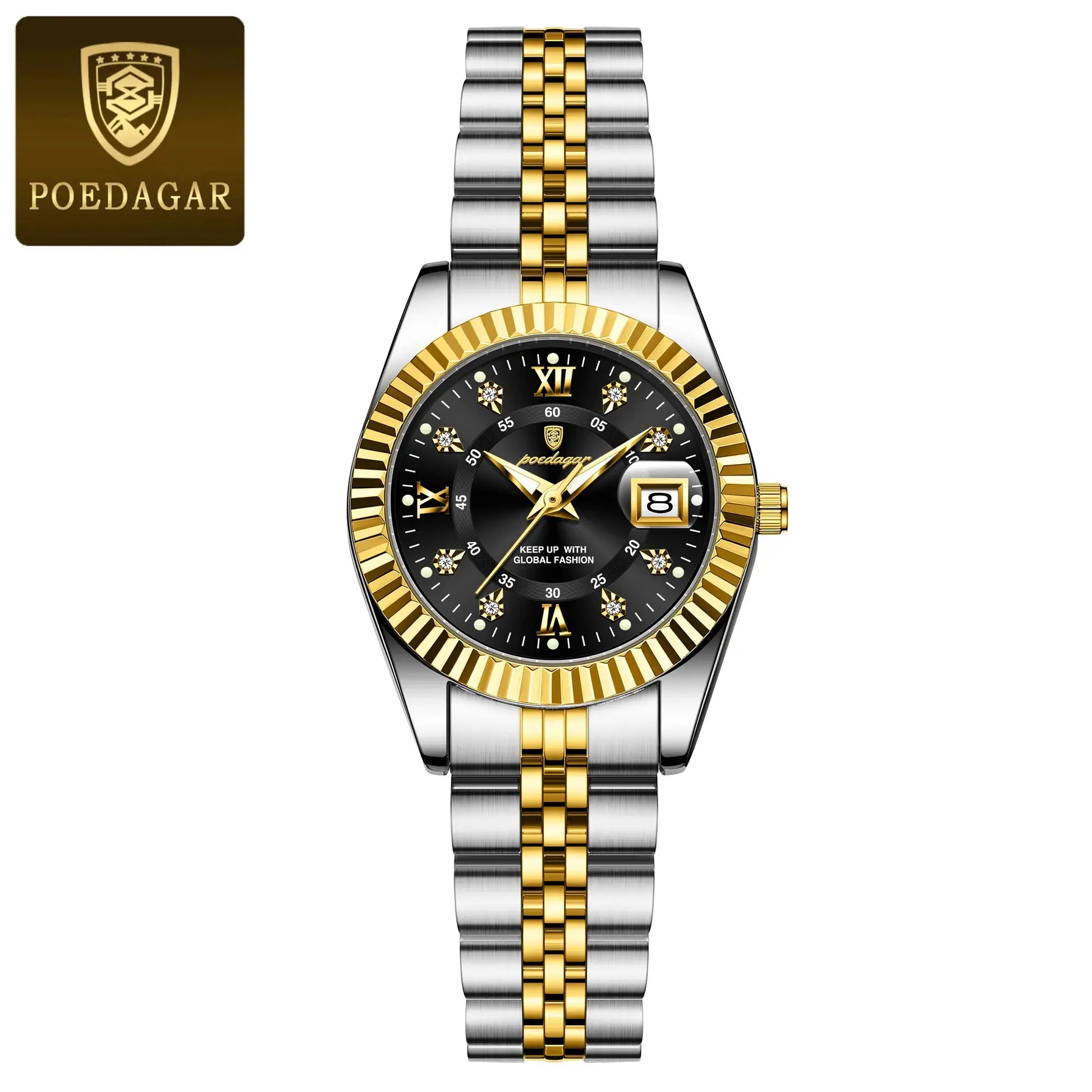 POEDAGAR luxury women's two-tone stainless steel watch with gold bezel and black dial, date window, 2 items shown