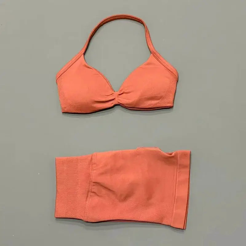 Histello 2 Piece Women Yoga Set Strappy Bra Top Scrunch Shorts