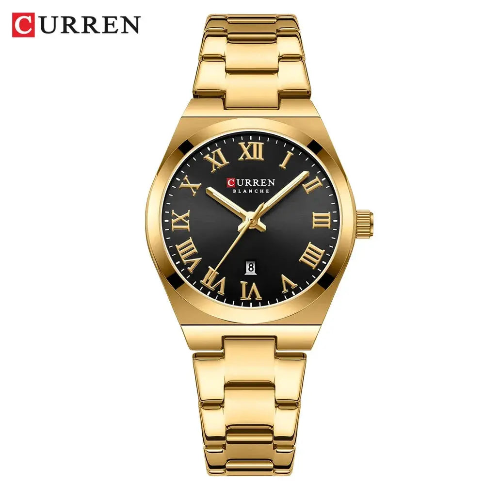 CURREN women's gold stainless steel bracelet analog watch with black Roman numeral dial and date window