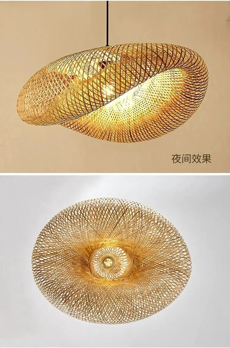Simples Market bamboo weaving LED pendant light, 40–80cm handmade vintage hanging chandelier with warm amber glow