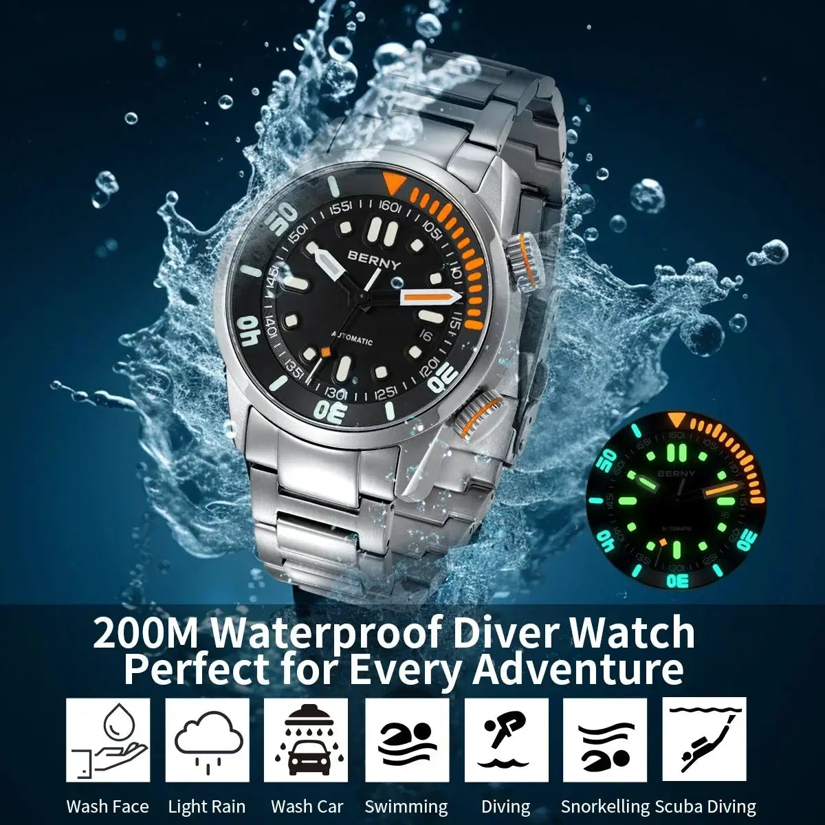 BERNY automatic dive watch for men, stainless steel bracelet, black dial with luminous markers, 200m water resistant.