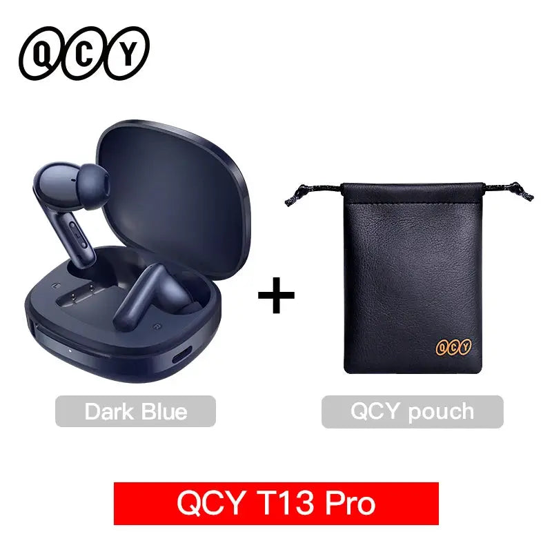 QCY T13 Pro wireless earbuds in dark blue with charging case and pouch