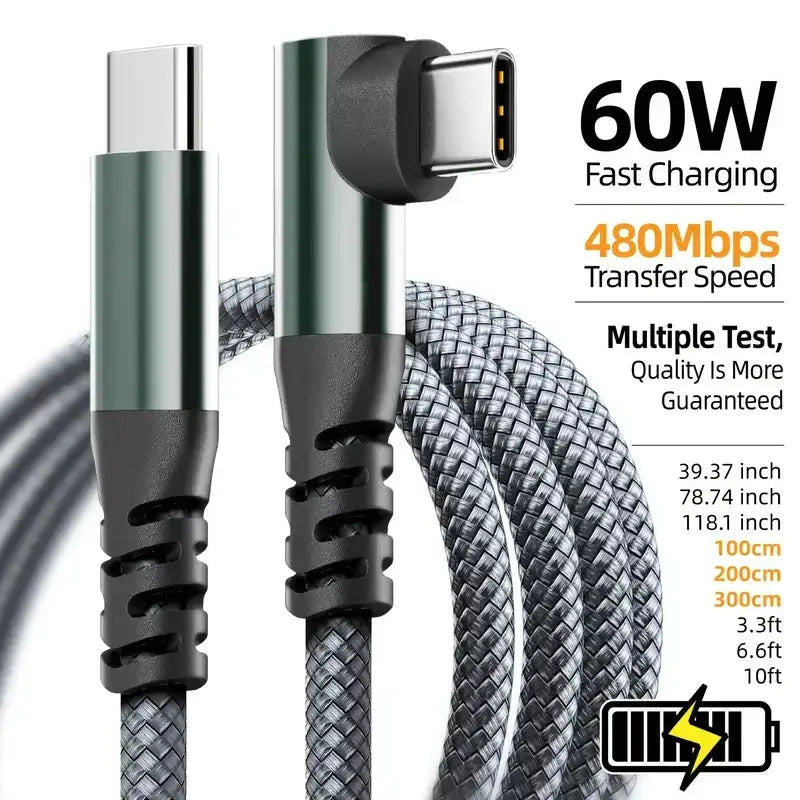 Braided USB-C charging cable with right-angle end, 60W PD fast charging, gray-silver exterior