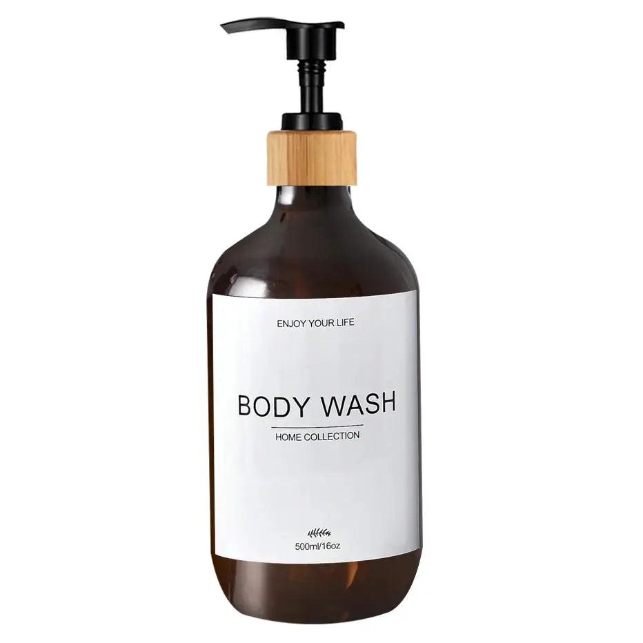 Body wash dispenser bottle by Simples Market, 500ml, brown bottle with black pump and wooden collar