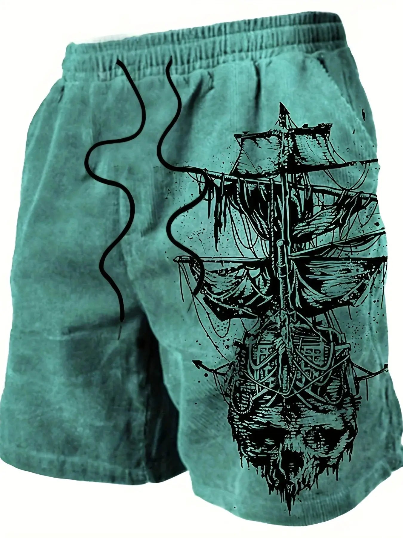 Men's quick-drying teal swim trunks with pirate skull sailboat print and drawstring, Simples Market