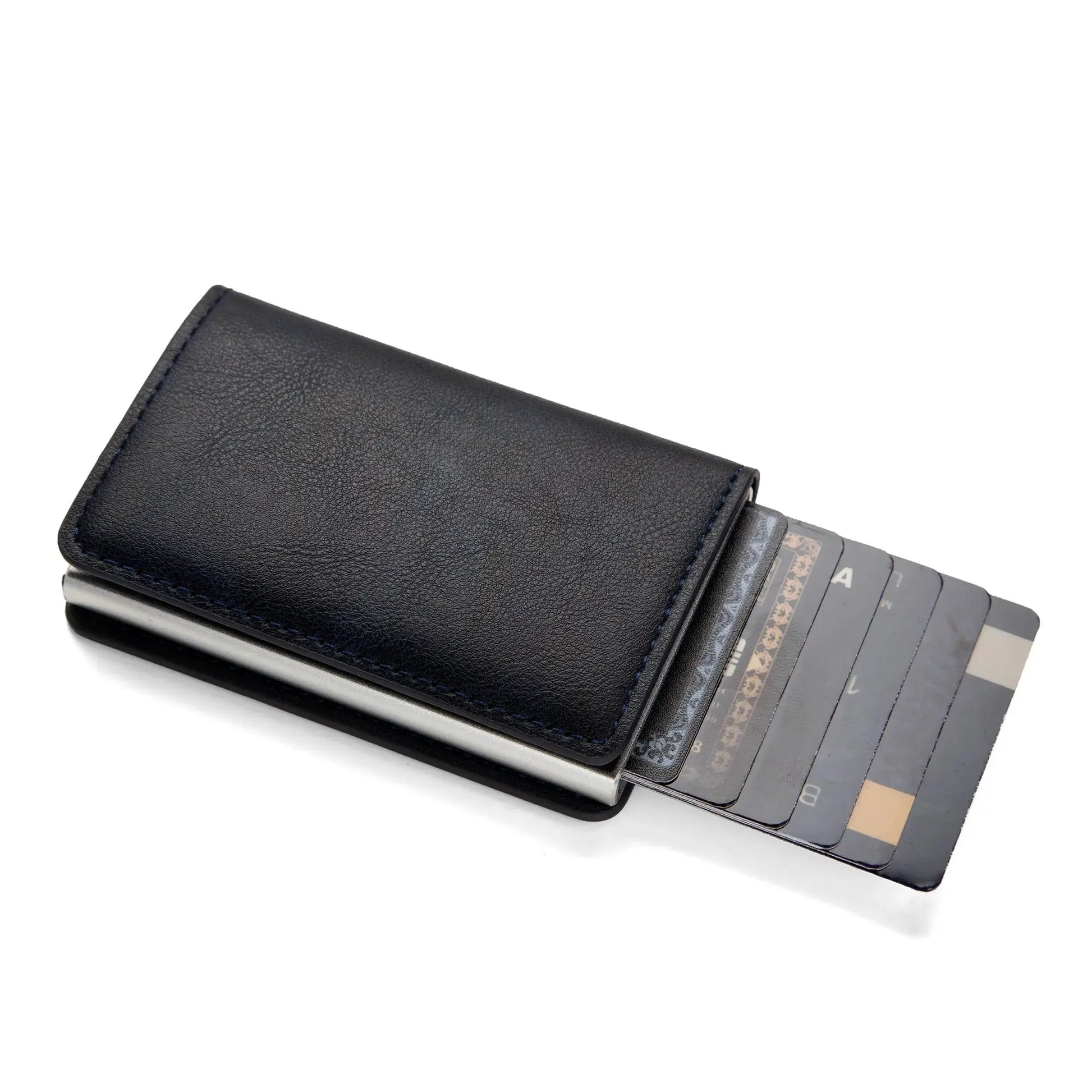 RFID card holder in black PU leather by Simples Market; minimalist slim wallet with card slots.