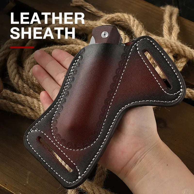 Simples Market leather belt sheath for folding knife; dark brown cowhide with white stitching.