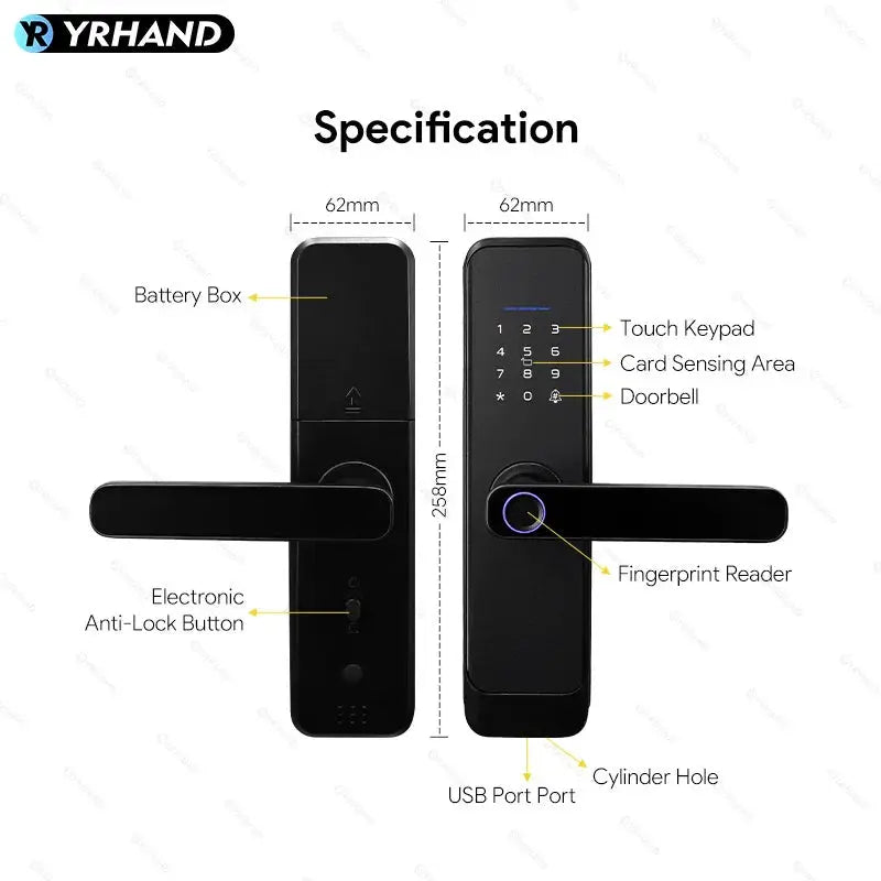 YRHAND black fingerprint smart door lock; dual front and back views with keypad, fingerprint reader and USB port.