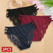3-pack women's floral lace panties with hollow-out, low-rise design in black, burgundy, and navy.