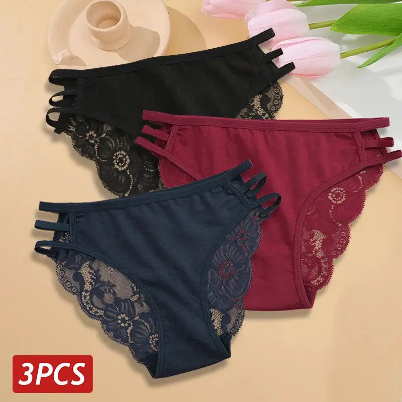 3-pack women's floral lace panties with hollow-out, low-rise design in black, burgundy, and navy.