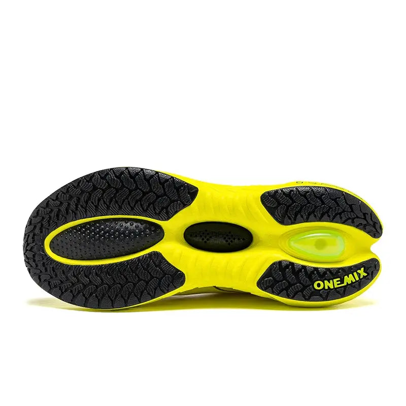 ONEMIX running shoes sole in neon yellow with black outsole and visible air cushioning