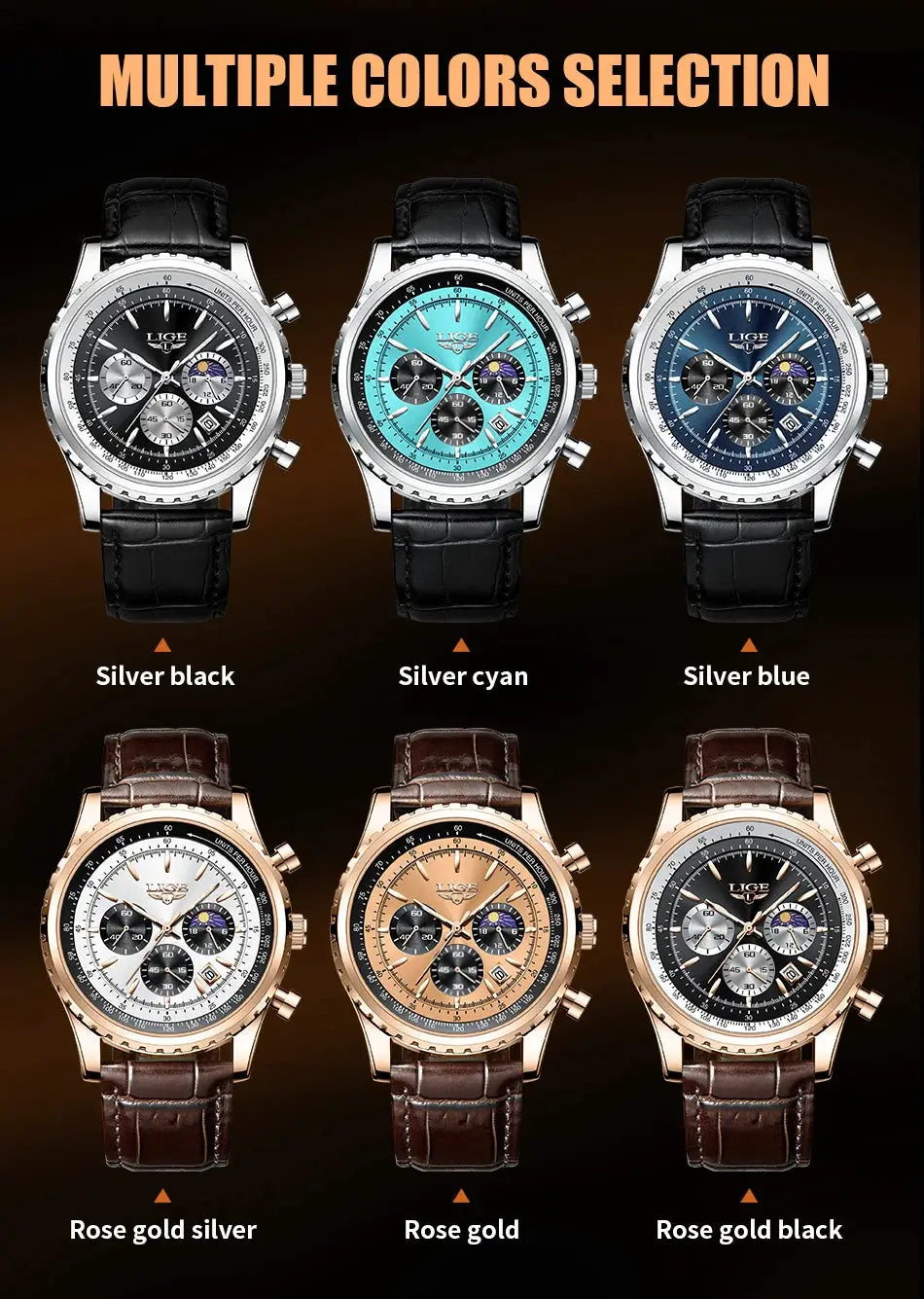 LIGE men's luxury quartz chronograph watches in six color variants.