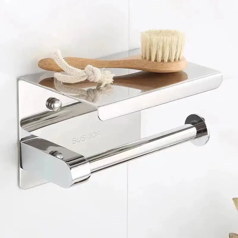 Stainless steel wall-mounted toilet paper holder with shelf and towel bar