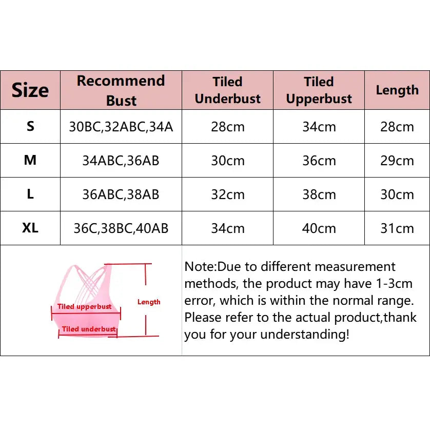 Simples Market New Fitness Sports Bra for Women, cross-back, shockproof; size chart shows S–XL with bust/underbust.
