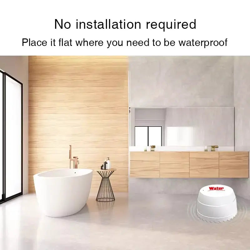 Tuya WiFi water leak detector, white round sensor in a modern bathroom.