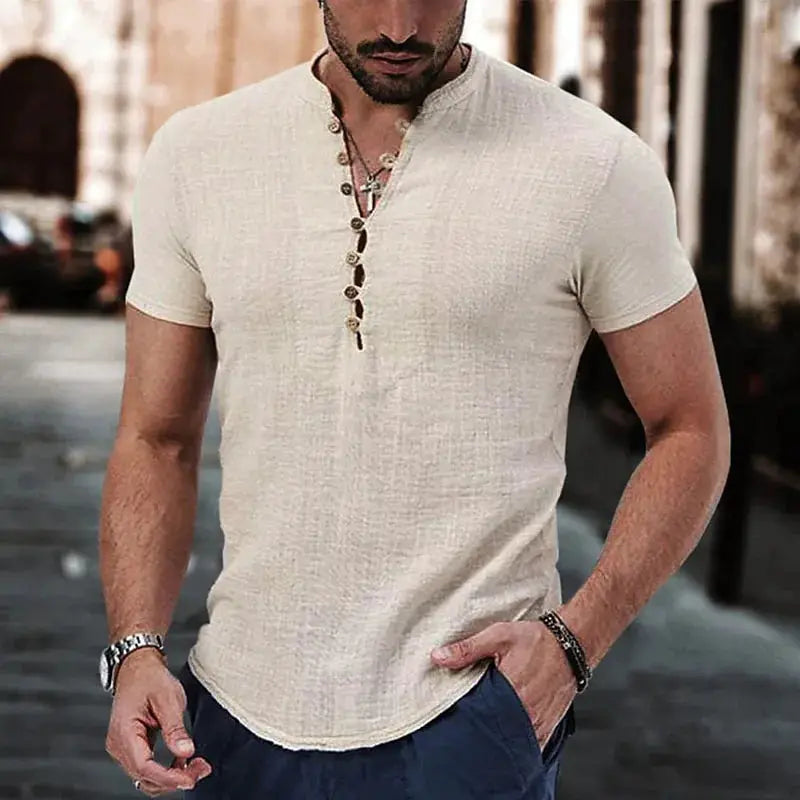 Men's short-sleeve cream cotton-linen Henley shirt with button placket for casual wear