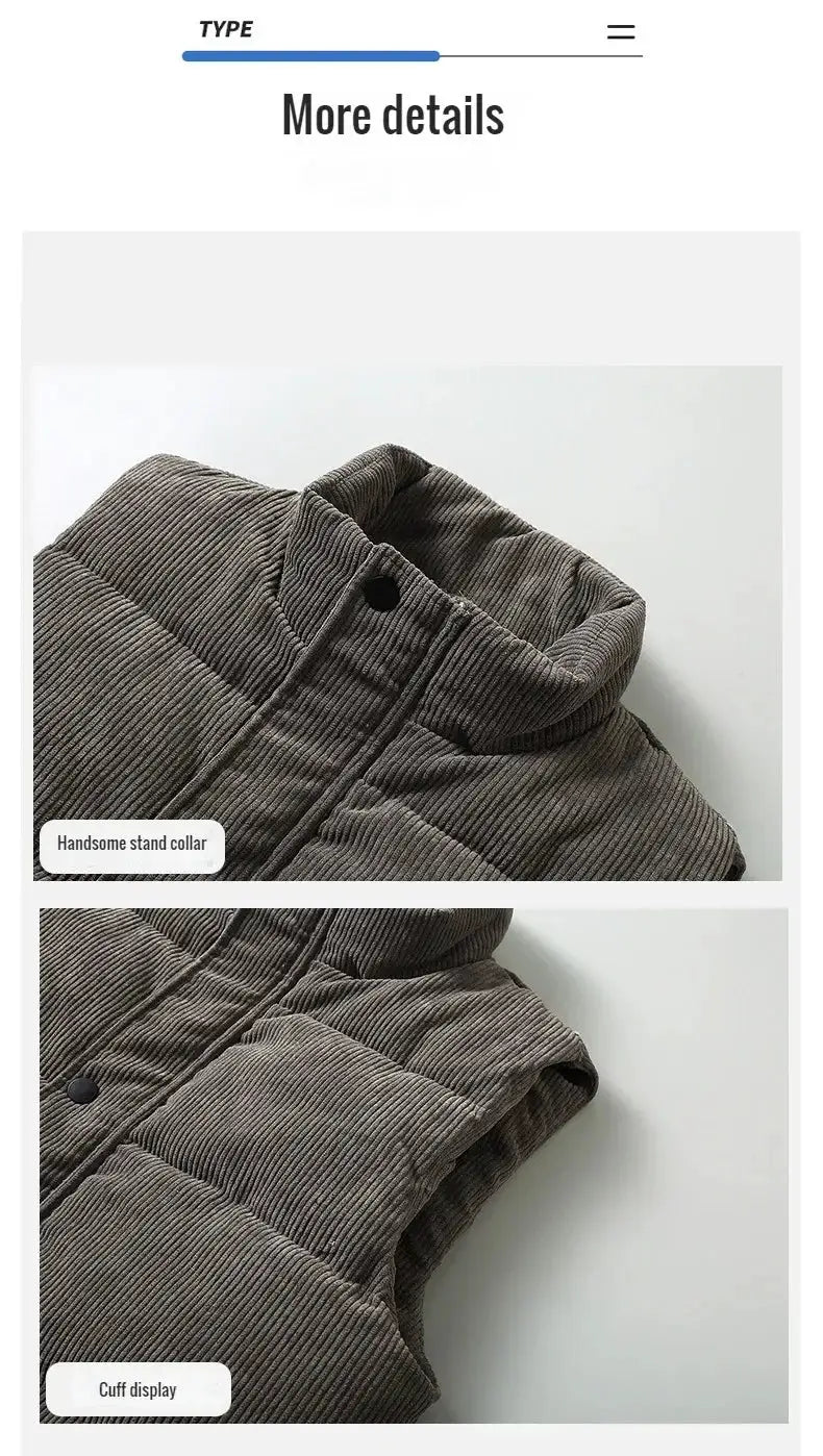 Simples Market padded corduroy vest for men, gray sleeveless zip waistcoat with stand collar.
