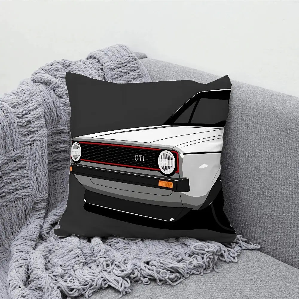 G-GTI car pillow case by Simples Market; decorative grey sofa cushion with a car front graphic.