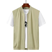 Men's beige mesh breathable vest with front zipper and side pockets worn over a white tee