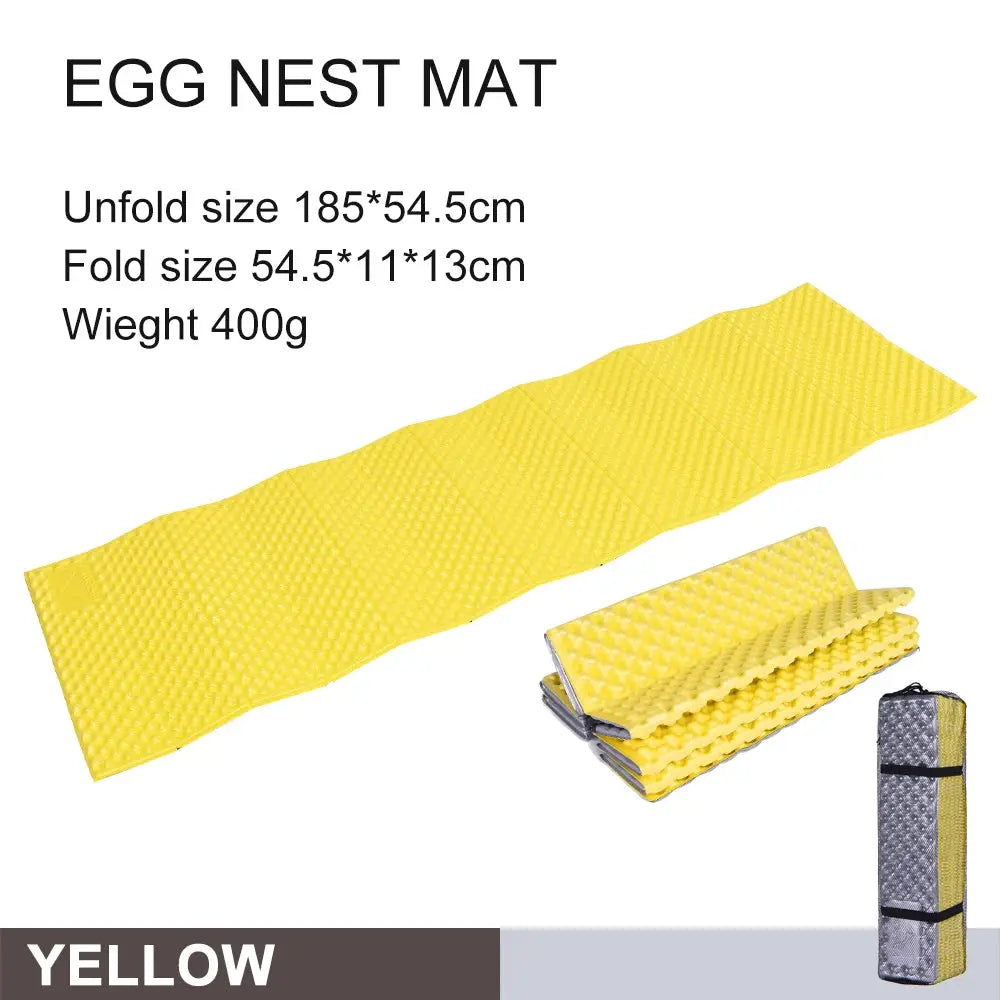 Egg nest camping mats set in yellow, ultralight folding foam sleeping pads with storage bag.