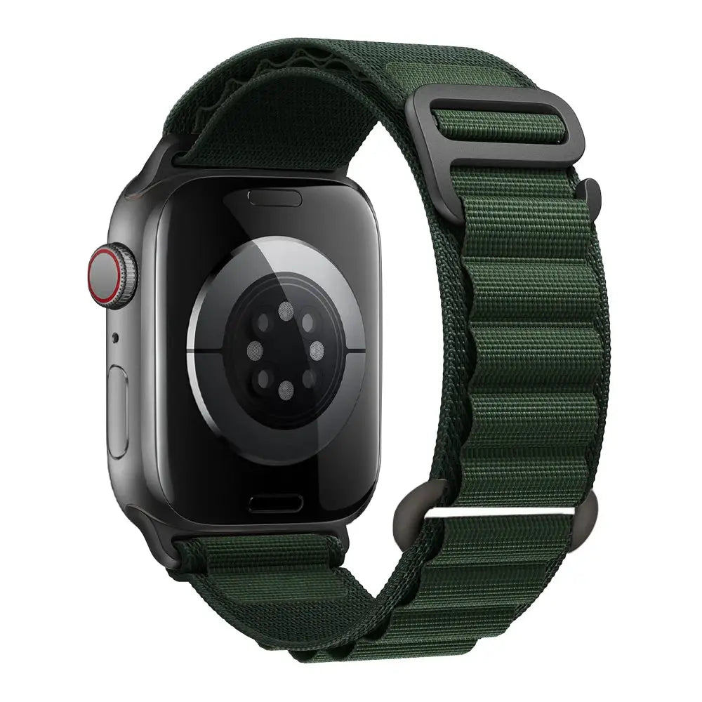Apple Watch strap nylon Alpine bracelet in green with black buckle for 40–49mm Apple Watch, Simples Market.