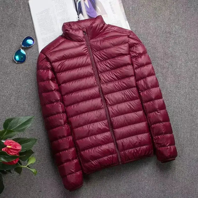 0-10℃ men's ultralight duck down hooded puffer jacket, burgundy, windproof, 5XL