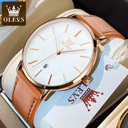 OLEVS men's ultra-thin quartz watch with a brown leather strap and rose-gold case