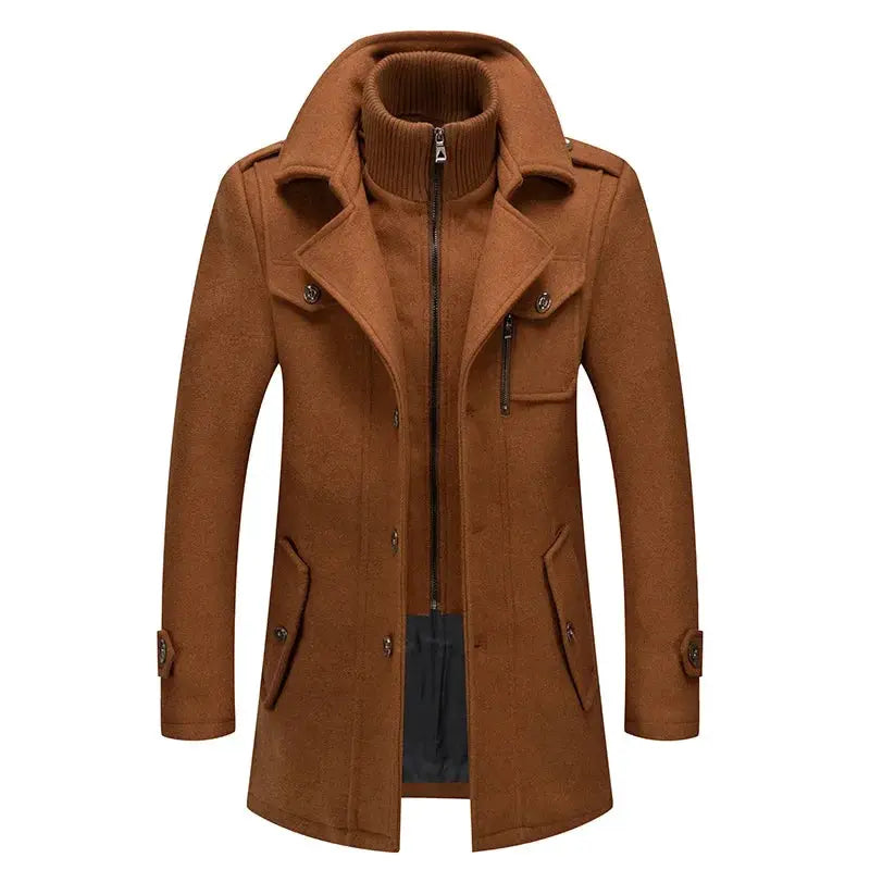 Men's camel cashmere trench coat by Simples Market with zip front and button pockets