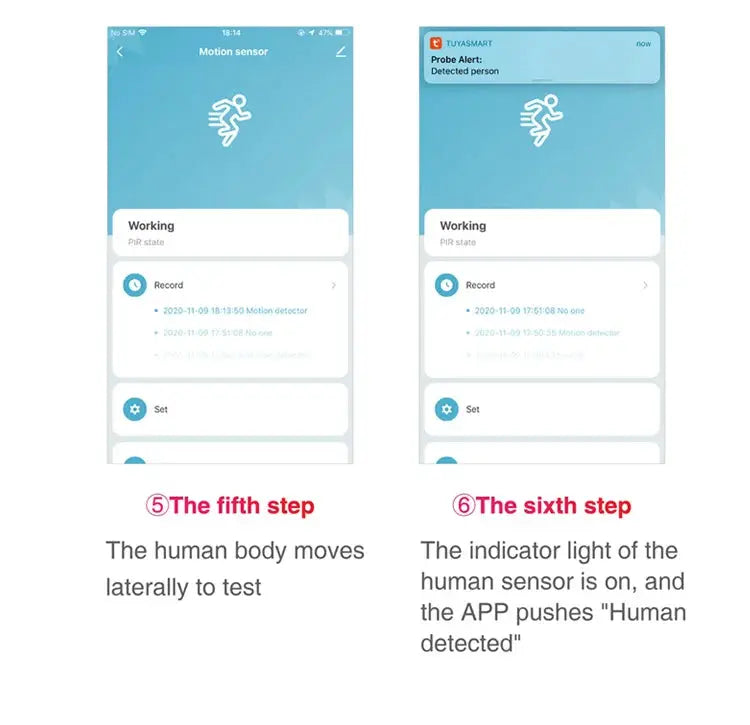 Tuya WiFi Smart PIR motion sensor app interface screenshots (2) in blue UI showing Working state and Record options