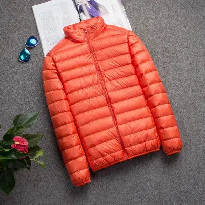 Men's orange hooded down jacket, lightweight slim-fit puffer coat