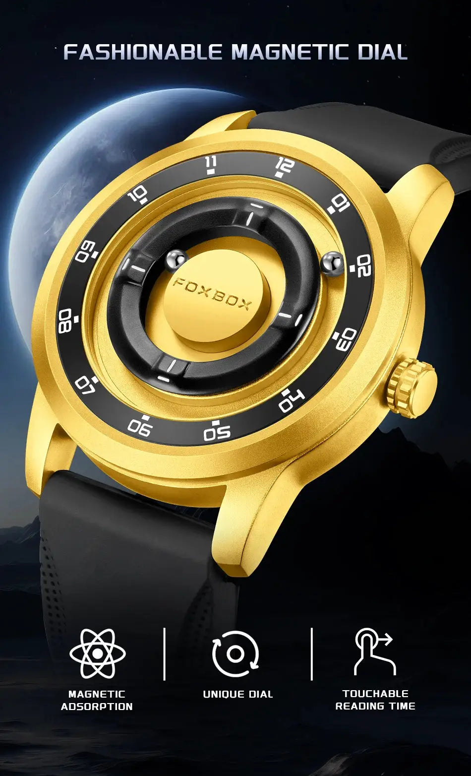 FOXBOX gold-tone men's watch with black strap and magnetic dial