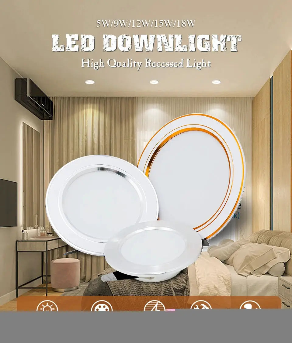 Simples Market LED downlight recessed round ceiling lamp set of three, white finish with chrome/orange trim, 5W–18W.