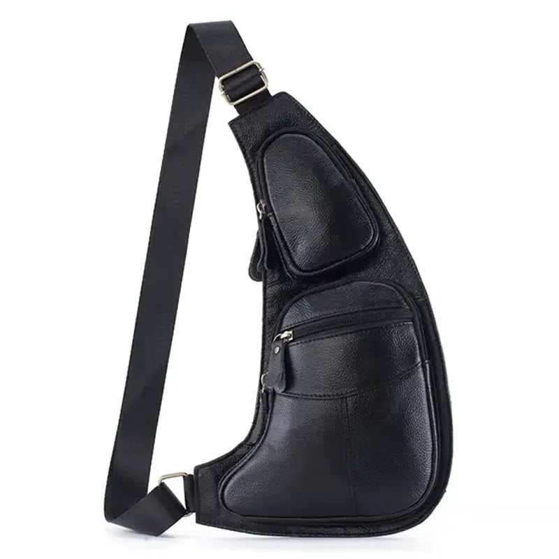 Simples Market men's genuine leather crossbody sling bag in black with multiple pockets and shoulder strap.