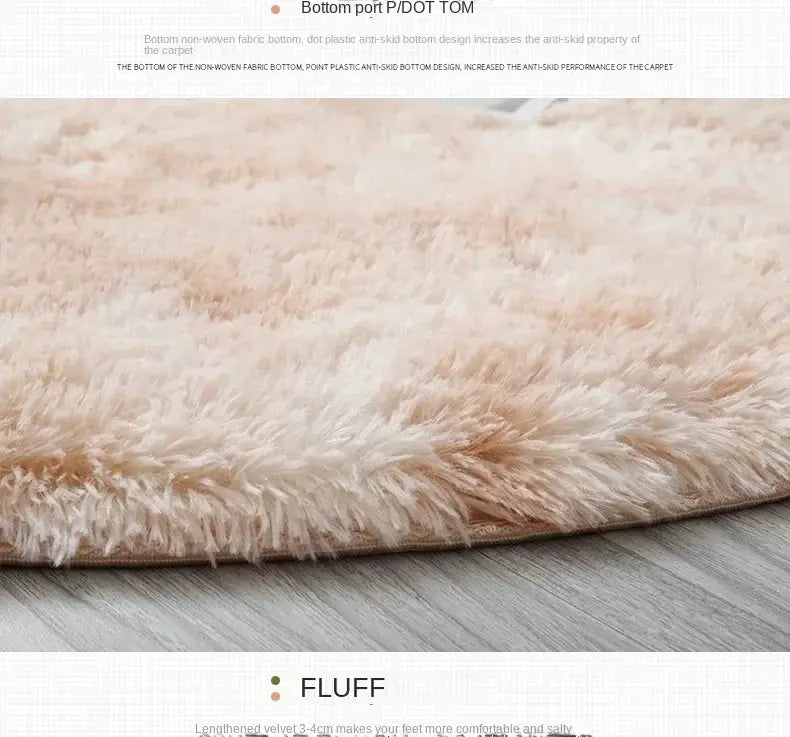 Round plush rug mat in fluffy white pile, thick and soft for living room or bedroom decor
