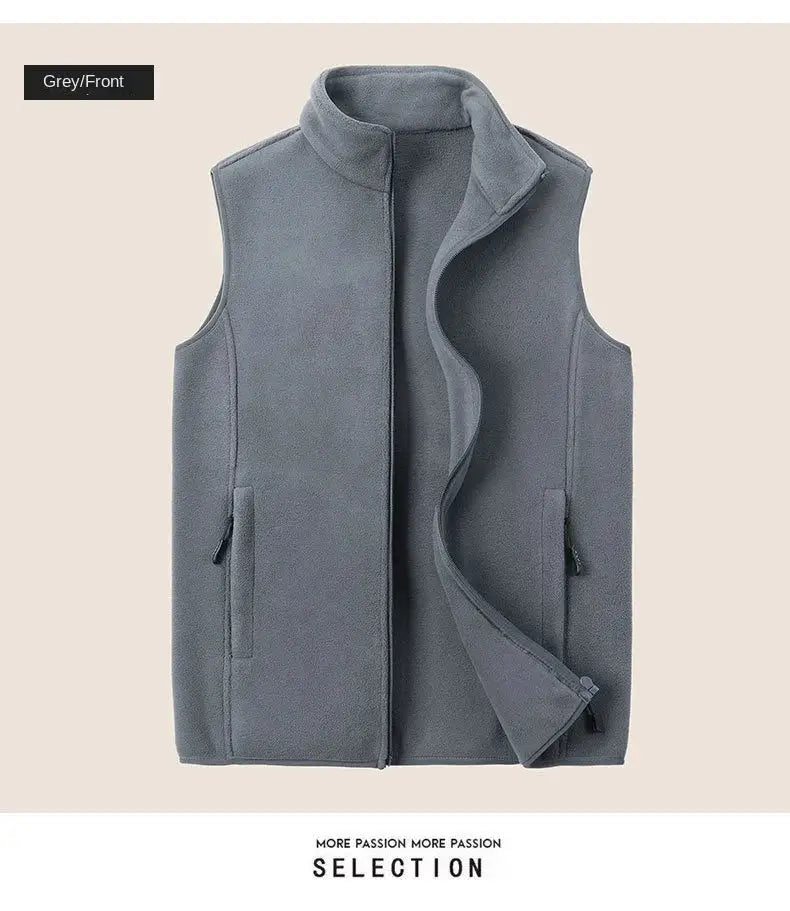 Men's grey fleece waistcoat with stand collar and zip pockets