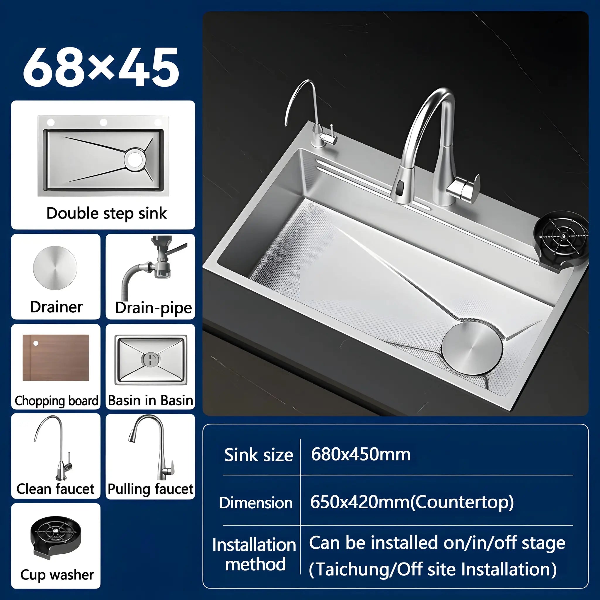 Simples Market 304 stainless steel kitchen sink, silver, single-bowl with draining board and tall-arc faucet